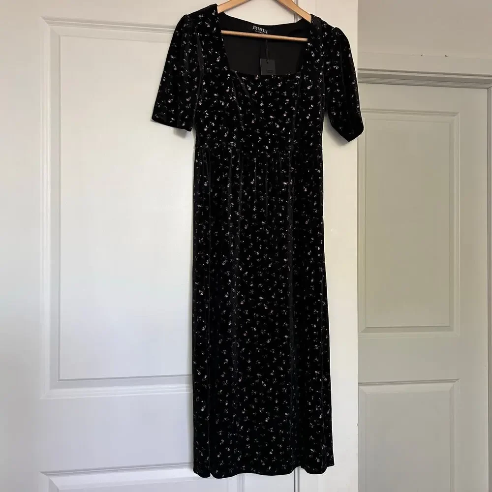 NWT Disturbia Woe Floral Midi Dress Velvet Womens 4 Black Square Neck Whimsigoth - Picture 4 of 12